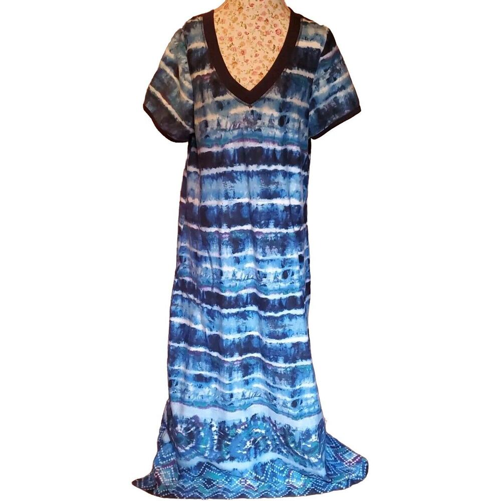 Dreams Co Size 14/16 V-Neck Short Sleeve Cotton Blend Blue Tie Dye Nightgown